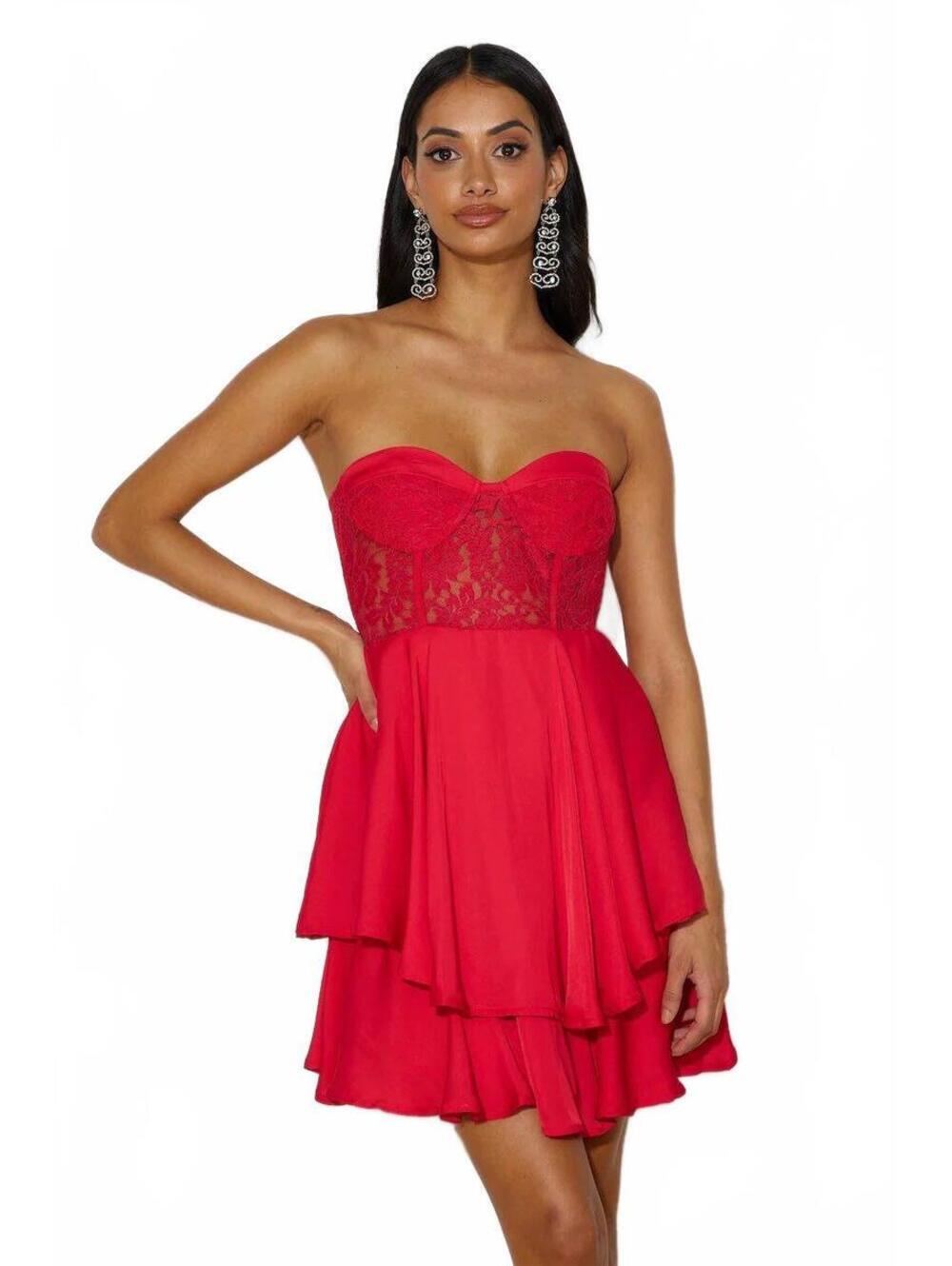 SAINTS + SECRETS Red Lace Corset Tiered Strapless Mini Dress NWT Size Medium